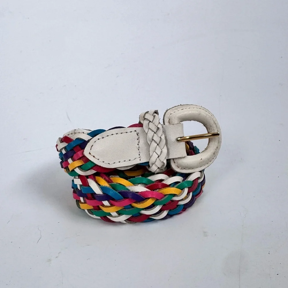 Vintage Multi-Color Rainbow Split Genuine Leather Braided Belt Sz XL - Picture 3 of 6